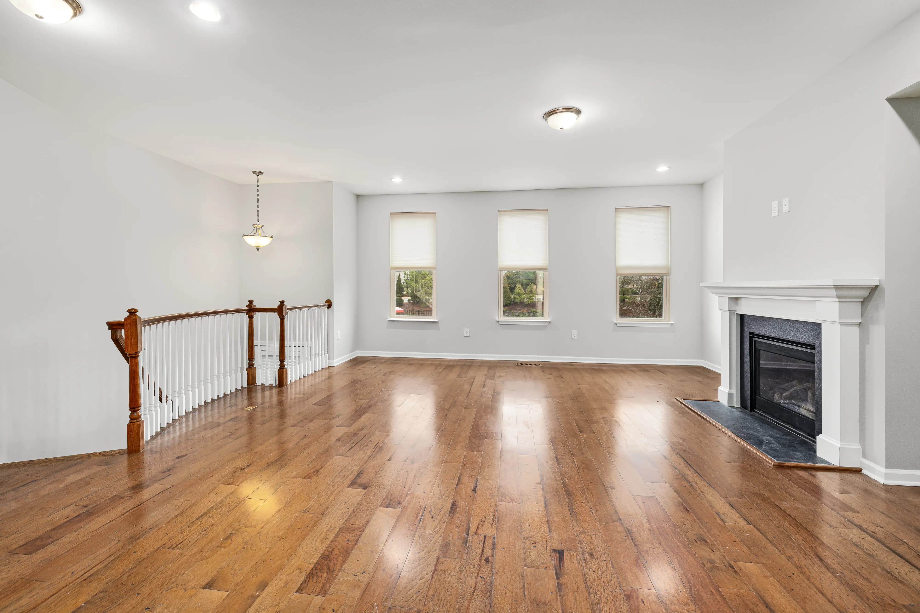 Living room with timber floor and fireplace